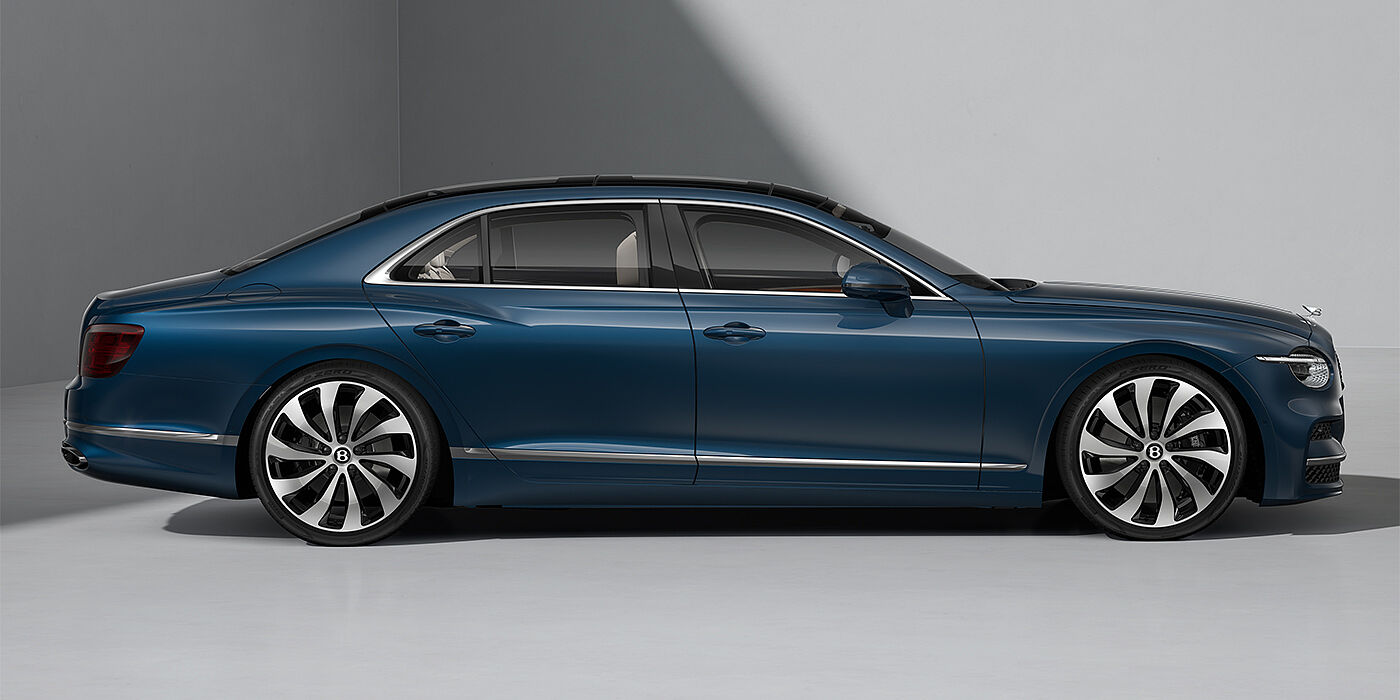 Bach Premium Cars GmbH New Bentley Flying Spur sedan in Marlin blue paint profile with 22" Ten Spoke Black Painted and Bright Machined wheels
