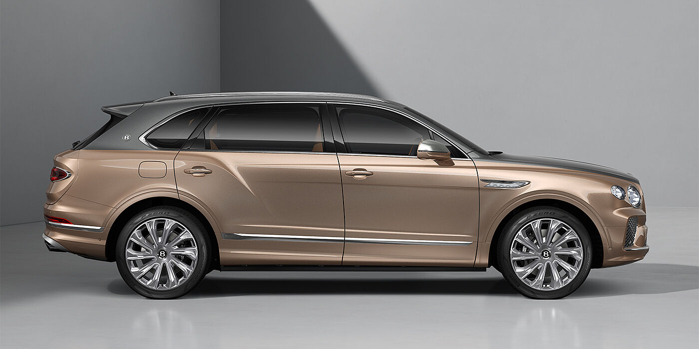 Bach Premium Cars GmbH Bentley Bentayga EWB Mulliner SUV in Magnetic and Rose Gold paint and 22" Mulliner wheels profile