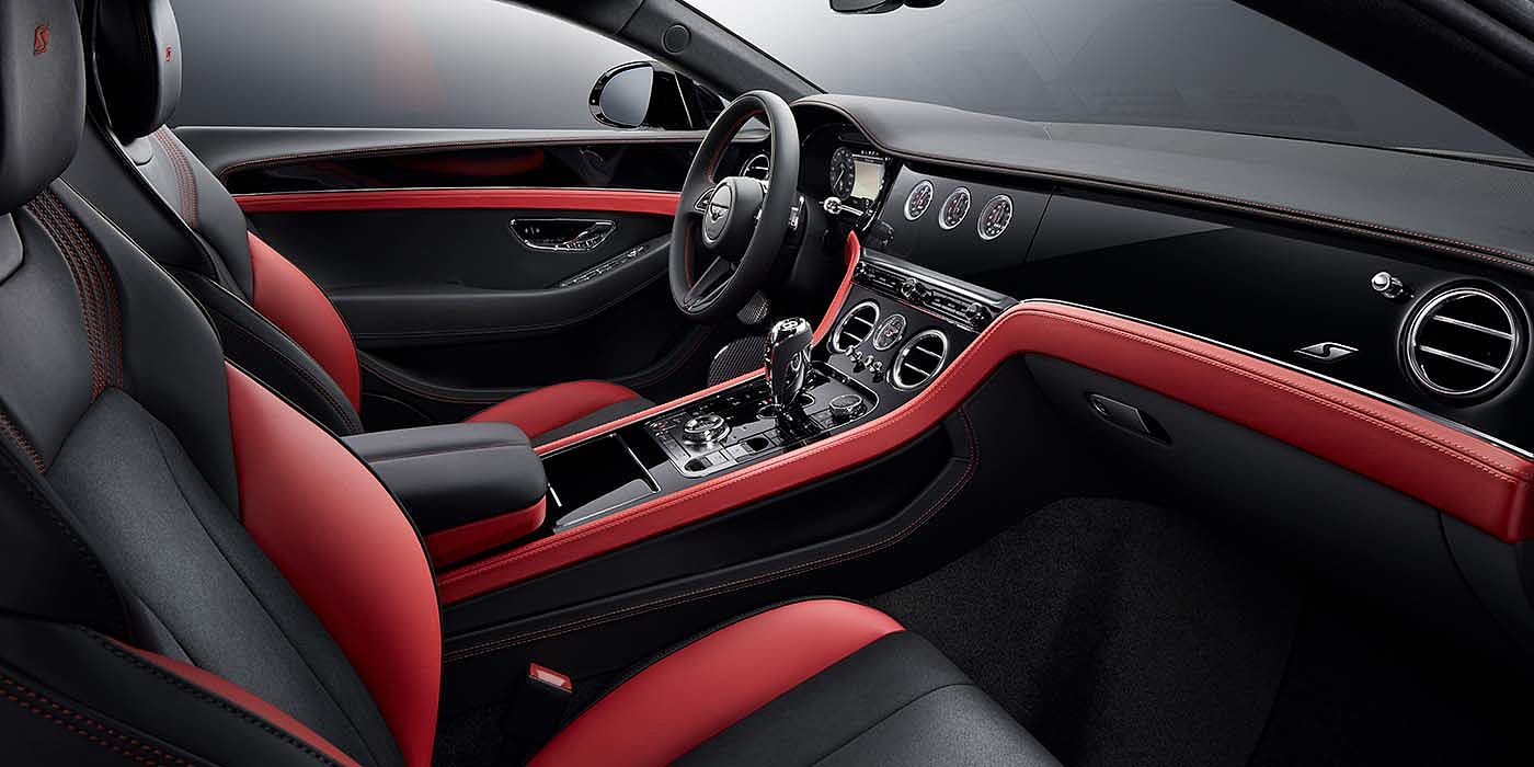 Bach Premium Cars GmbH Bentley Continental GT S coupe front interior in Beluga black and Hotspur red hide with high gloss Carbon Fibre veneer