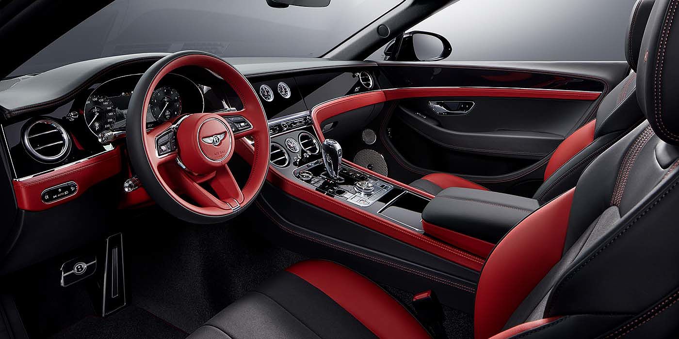 Bach Premium Cars GmbH Bentley Continental GTC S convertible front interior in Beluga black and Hotspur red hide with high gloss carbon fibre veneer