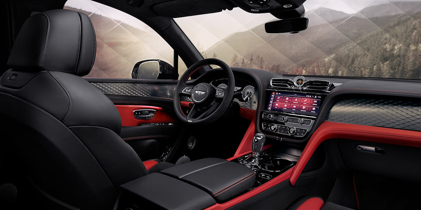 Bach Premium Cars GmbH Bentley Bentayga S SUV front interior in Beluga black and Hotspur red hide