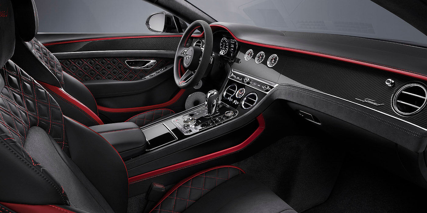 Bach Premium Cars GmbH Bentley Continental GT Speed coupe front interior in Beluga black and Hotspur red hide