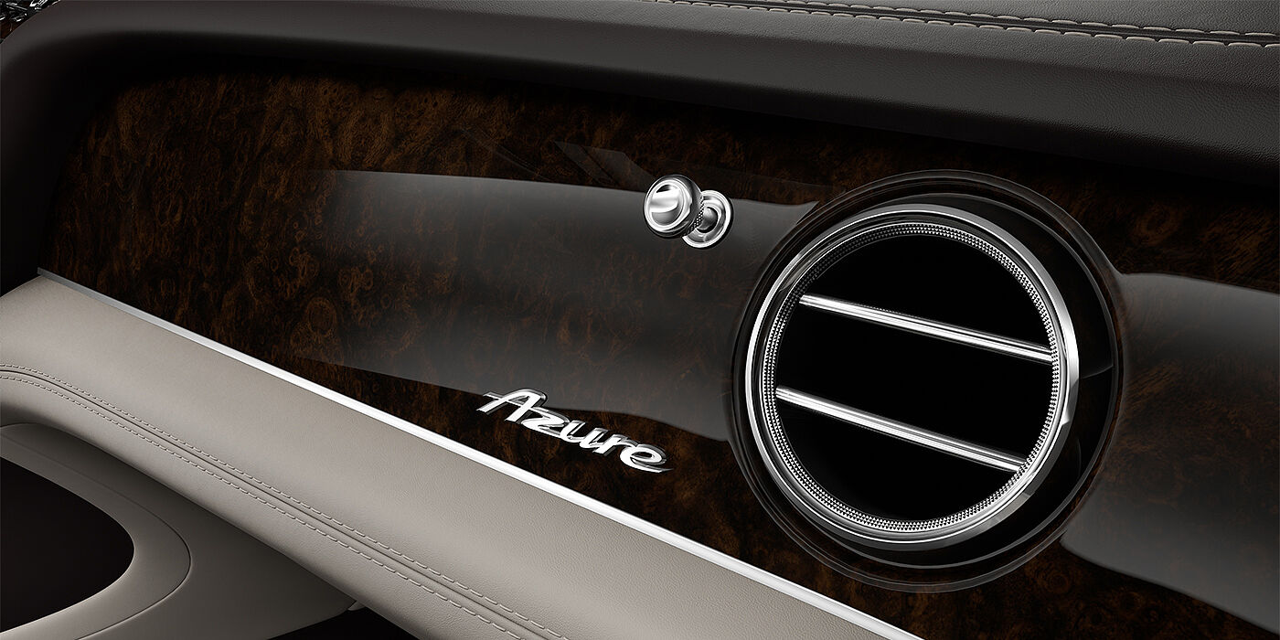 Bach Premium Cars GmbH Bentley Bentayga EWB Azure SUV veneer detail in Dark Stained Burr Walnut with Azure chrome fascia badge
