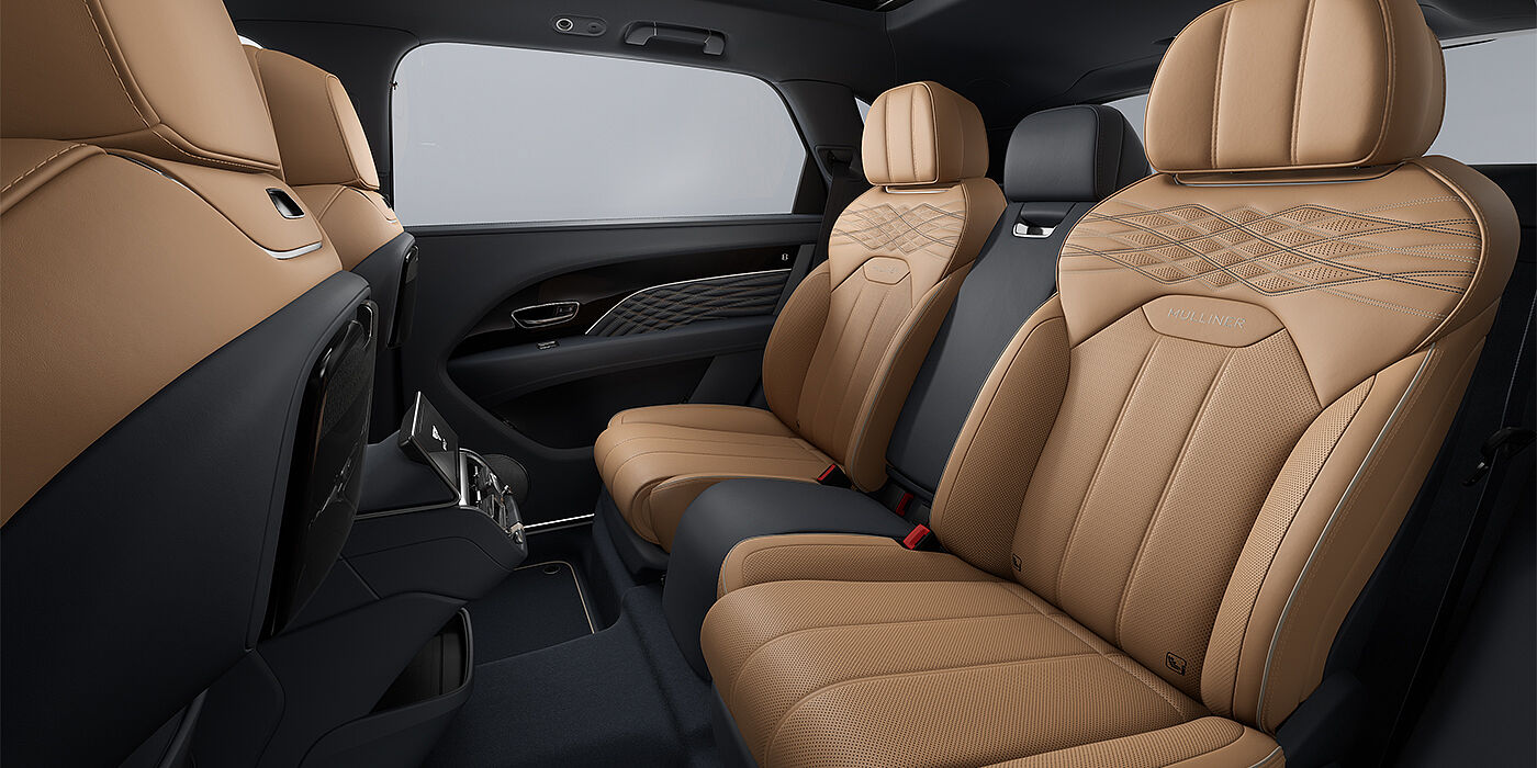 Bach Premium Cars GmbH Bentley Bentayga EWB Mulliner SUV rear interior in Camel and Brunel hides with Mulliner contrast stitching