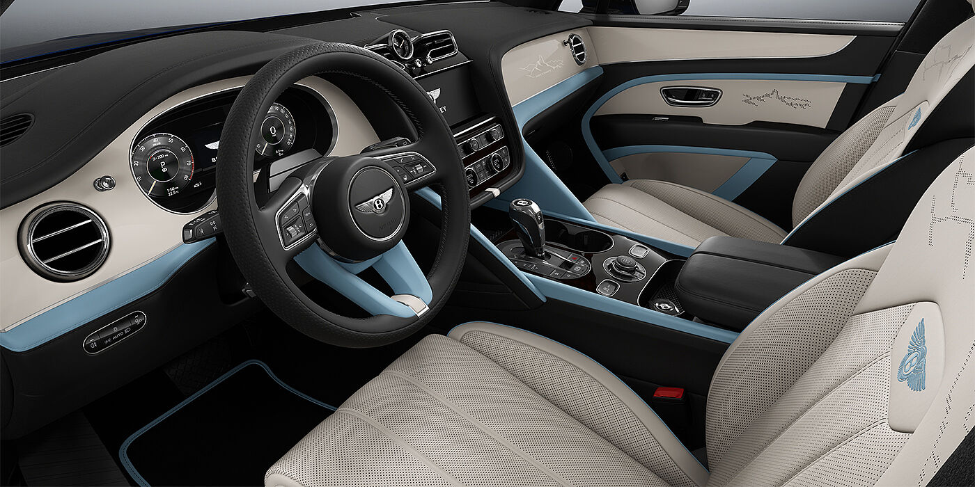 Bach Premium Cars GmbH Bentley Bentayga Artenara Edition SUV front cabin in Linen and Beluga Black hides with Light Blue accents and Piano Linen veneer