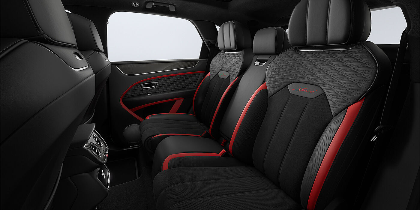 Bach Premium Cars GmbH Bentley Bentayga Speed SUV rear interior in Pillar Box Red and Beluga black hides and Speed seat stitching