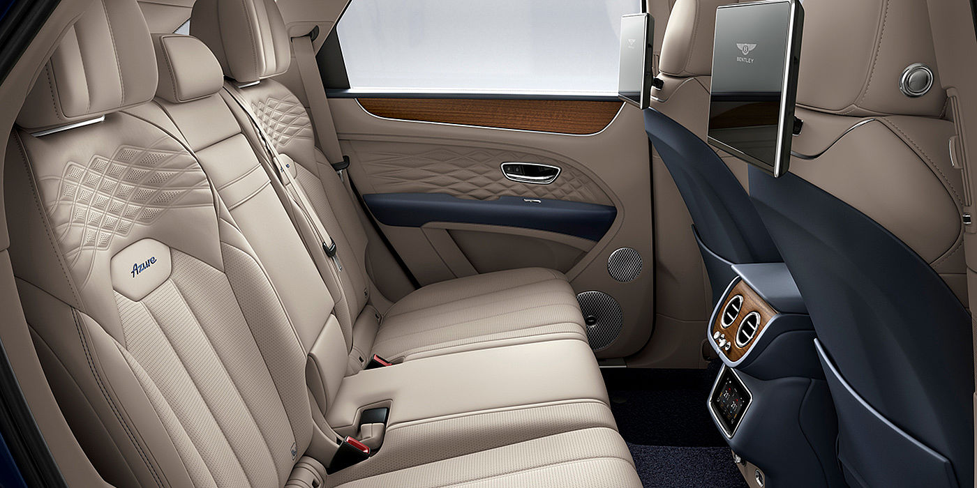 Bach Premium Cars GmbH Bentey Bentayga Azure interior view for rear passengers with Portland hide and Rear Seat Entertainment. 
