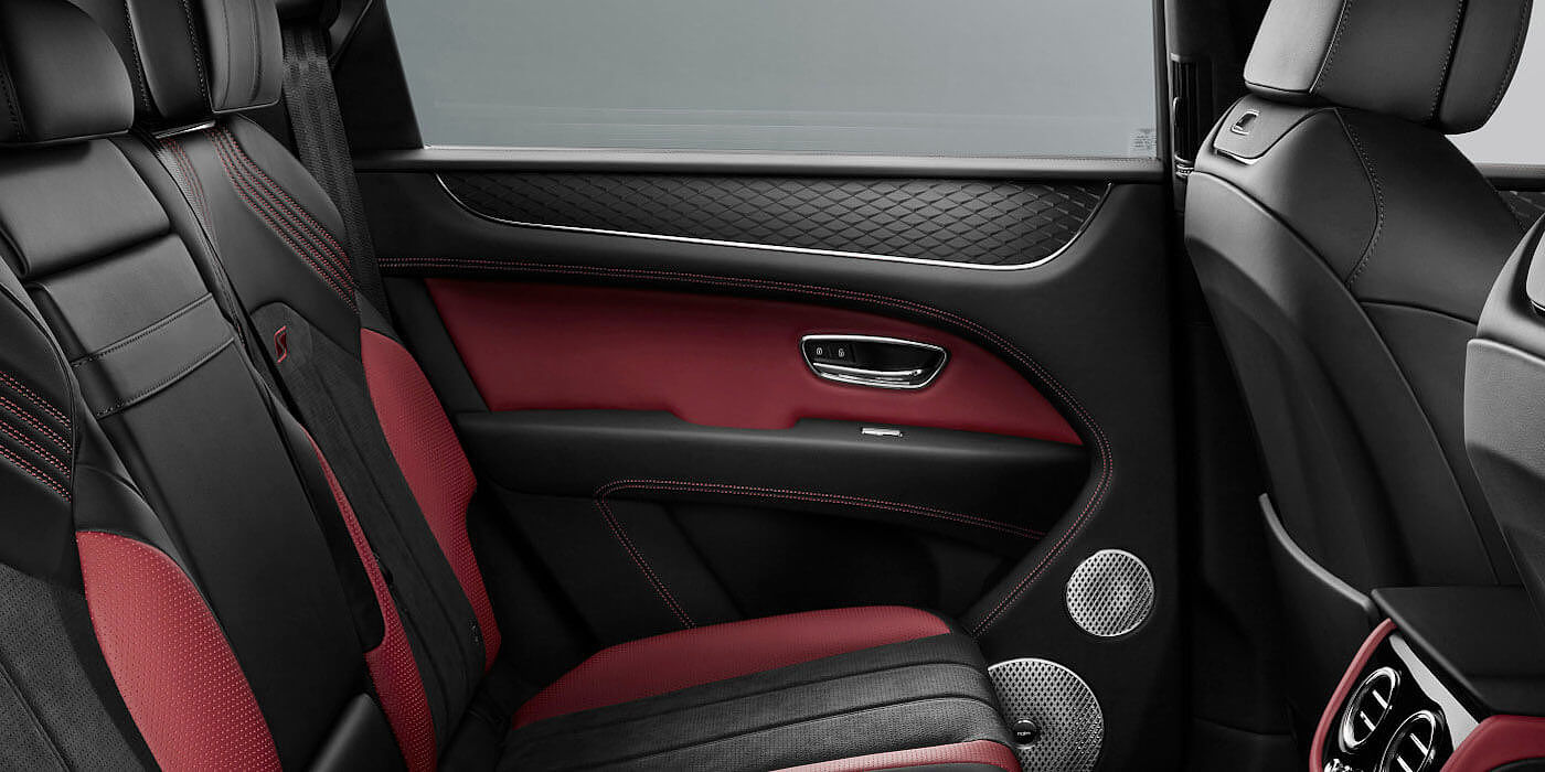 Bach Premium Cars GmbH Bentley Bentayga S SUV rear interior in Beluga black and Hotspur red hide