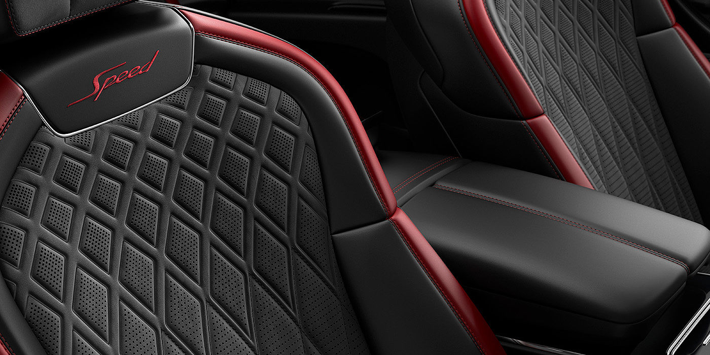 Bach Premium Cars GmbH Bentley Flying Spur Speed sedan seat stitching detail in Beluga black and Cricket Ball red hide