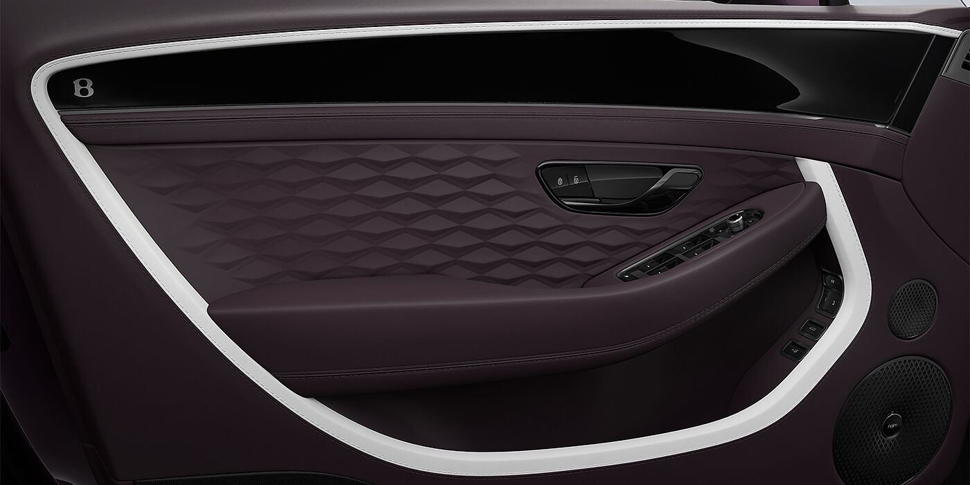 Bach Premium Cars GmbH Bentley Continental GT Mulliner coupe door detail in Beluga black and Damson hides with white accent hide