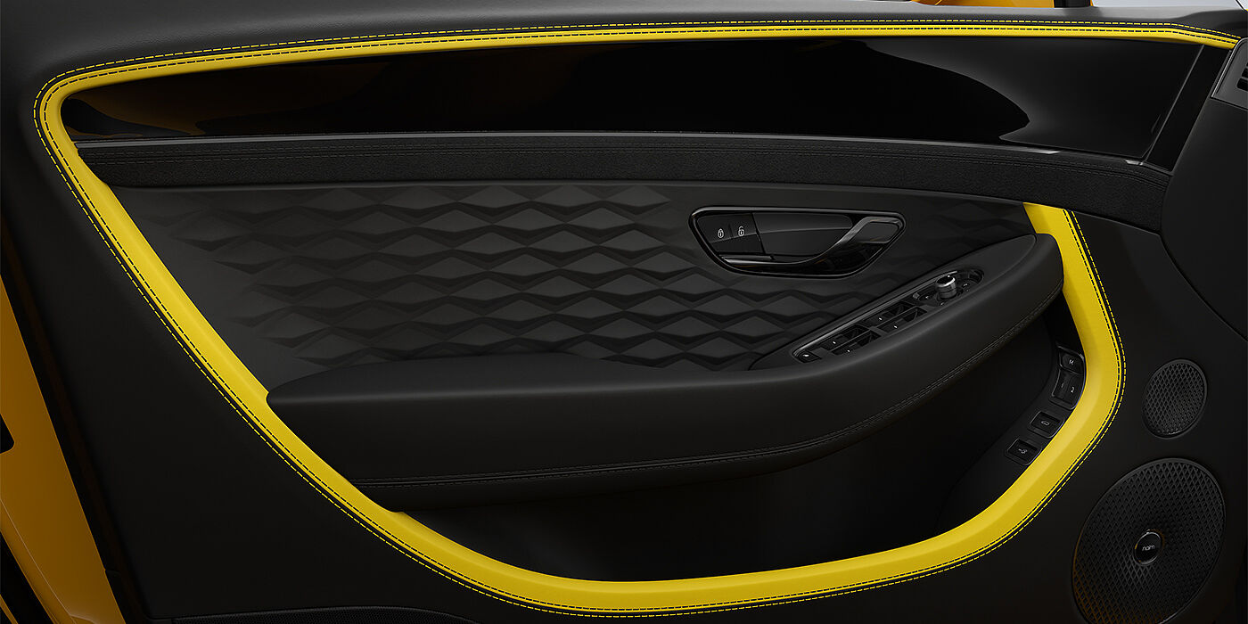 Bach Premium Cars GmbH Bentley Continental GT Speed coupe door detail in Cyber yellow and Beluga black hides