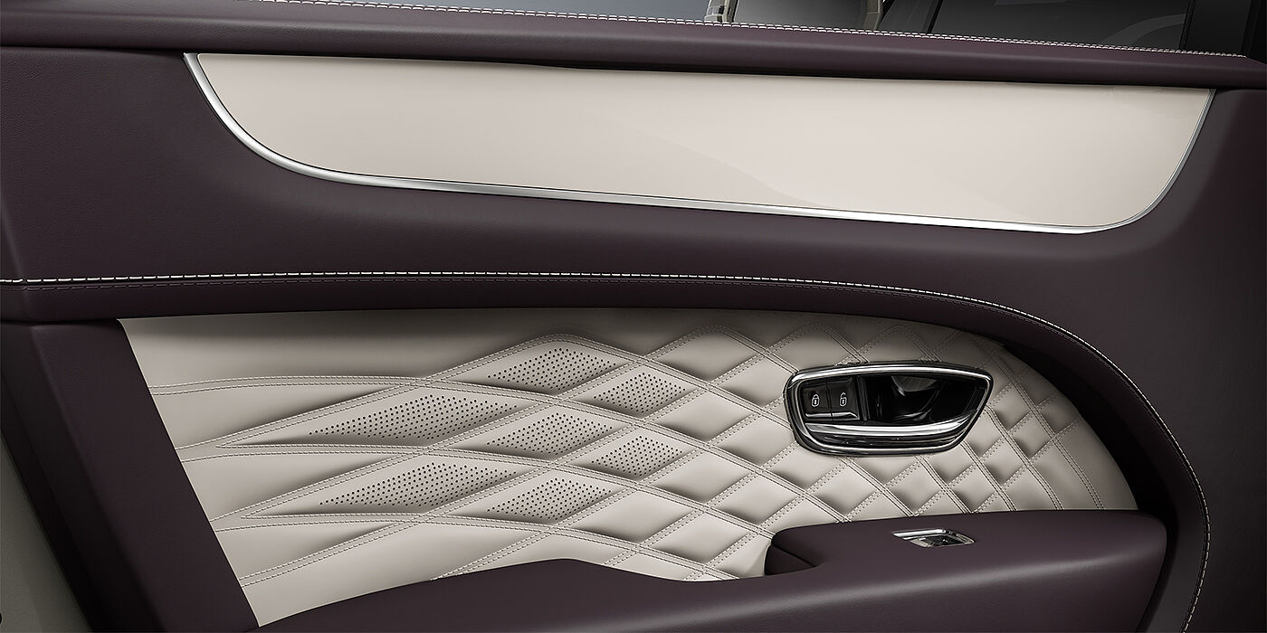 Bach Premium Cars GmbH Bentley Bentayga EWB Azure SUV door interior detail in Linen and Damson hides with Piano Linen veneer