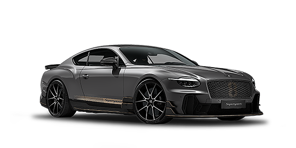 Bach Premium Cars GmbH Bentley Supersports front three quarter in "Nightfall" Design theme with Anthracite gloss exterior paint, Camel accents and Camel and Beluga black striping.