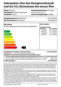 Bentley Bentayga SWB Artenara Edition V8 2026 information über den energieverbrauch und die co2-emissionen des neuen pkw