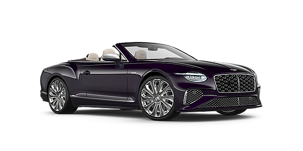 Bach Premium Cars GmbH Bentley New Continental GTC Mulliner convertible front three quarter view in Damson paint with 22 inch Mulliner painted and polished wheel