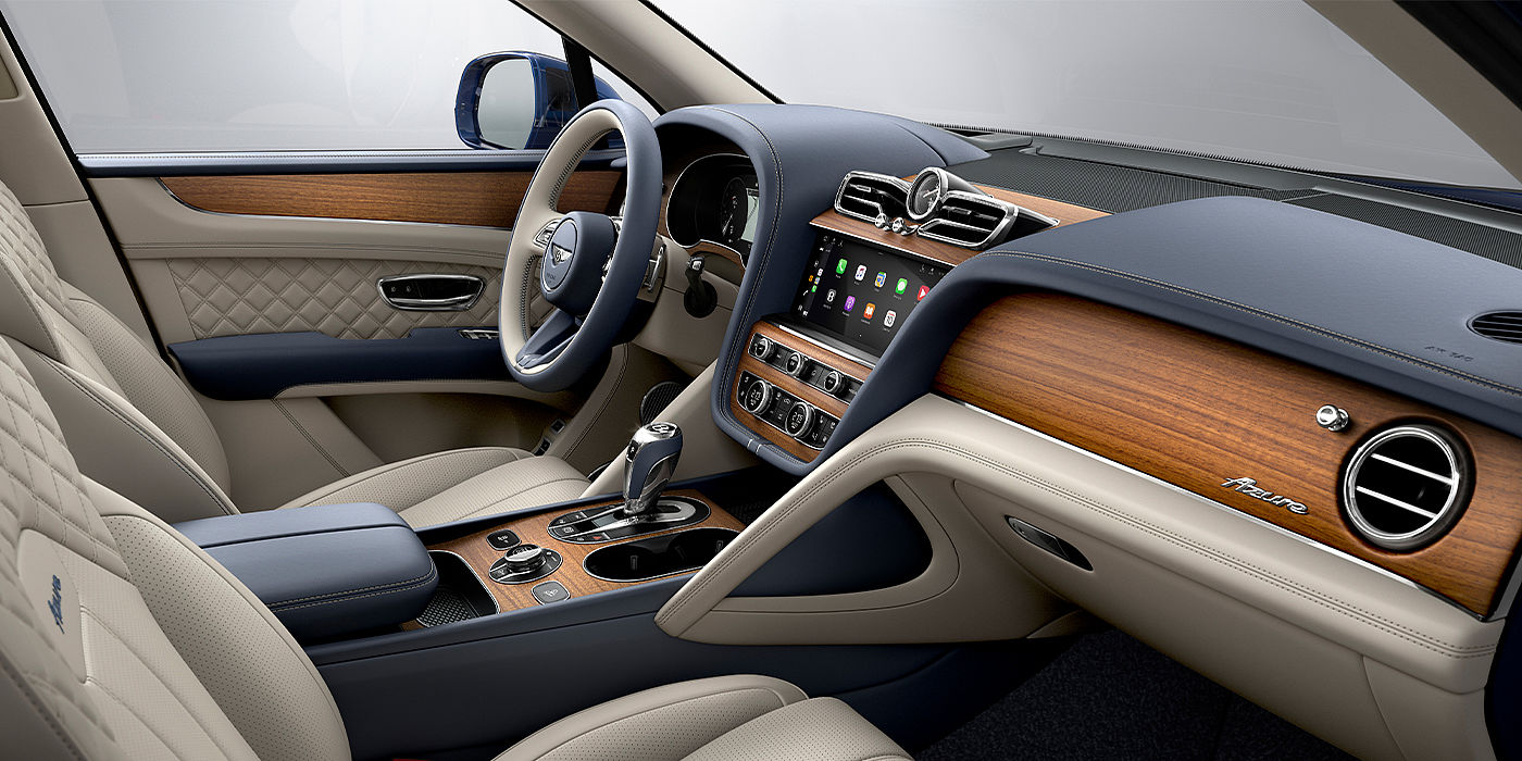 Bach Premium Cars GmbH Bentley Bentayga Azure SUV front interior in Imperial Blue and Linen hide