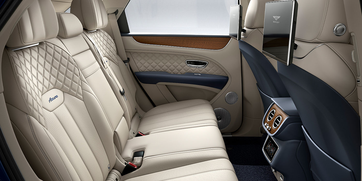 Bach Premium Cars GmbH Bentley Bentayga Azure SUV rear interior in Imperial Blue and Linen hide