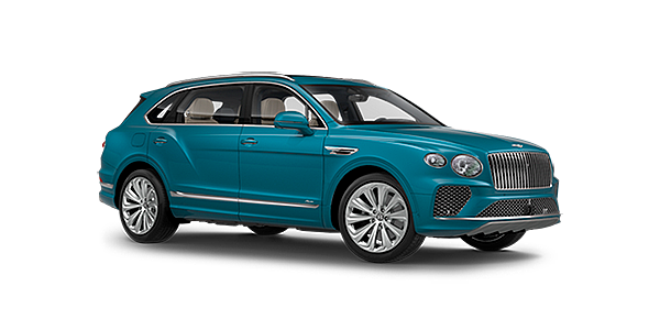 Bach Premium Cars GmbH Bentley Bentayga EWB Azure front side angled view in Topaz blue coloured exterior. 