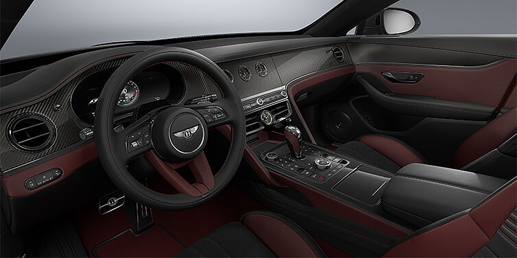 Bach Premium Cars GmbH New Bentley Flying Spur S sedan front interior in Cricket Ball red  and Beluga Black hides with Diamond Brushed Dark Tint Aluminium veneer