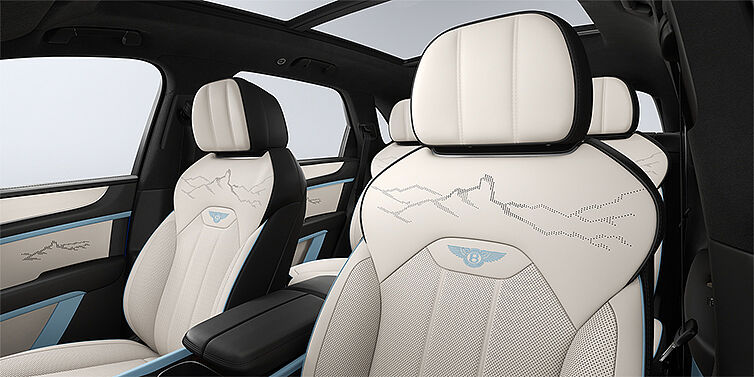 Bach Premium Cars GmbH Bentley Bentayga Artenara Edition SUV front seats in Linen and Beluga Black hides with Light Blue accents and Artenara stitch detail