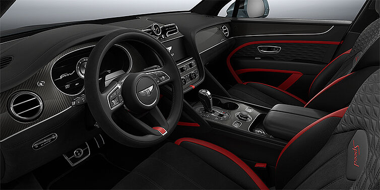 Bach Premium Cars GmbH Bentley Bentayga Speed SUV front interior in Pillar Box Red and Beluga black hides with Carbon Fibre veneer