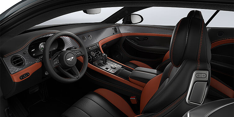 Bach Premium Cars GmbH Bentley Continental GT coupe front interior in Newmarket Tan and Beluga black hides with Diamond Brushed Dark Tint Aluminium veneer