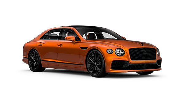 Bach Premium Cars GmbH Bentley Flying Spur Speed front side angled view in Orange Flame coloured exterior. 
