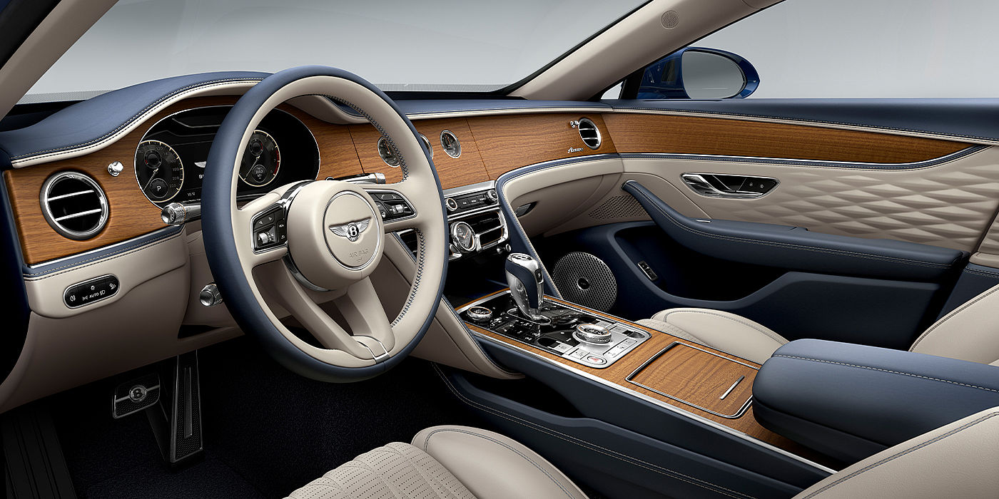 Bach Premium Cars GmbH Bentley Flying Spur Azure sedan front interior in Imperial Blue and Linen hide