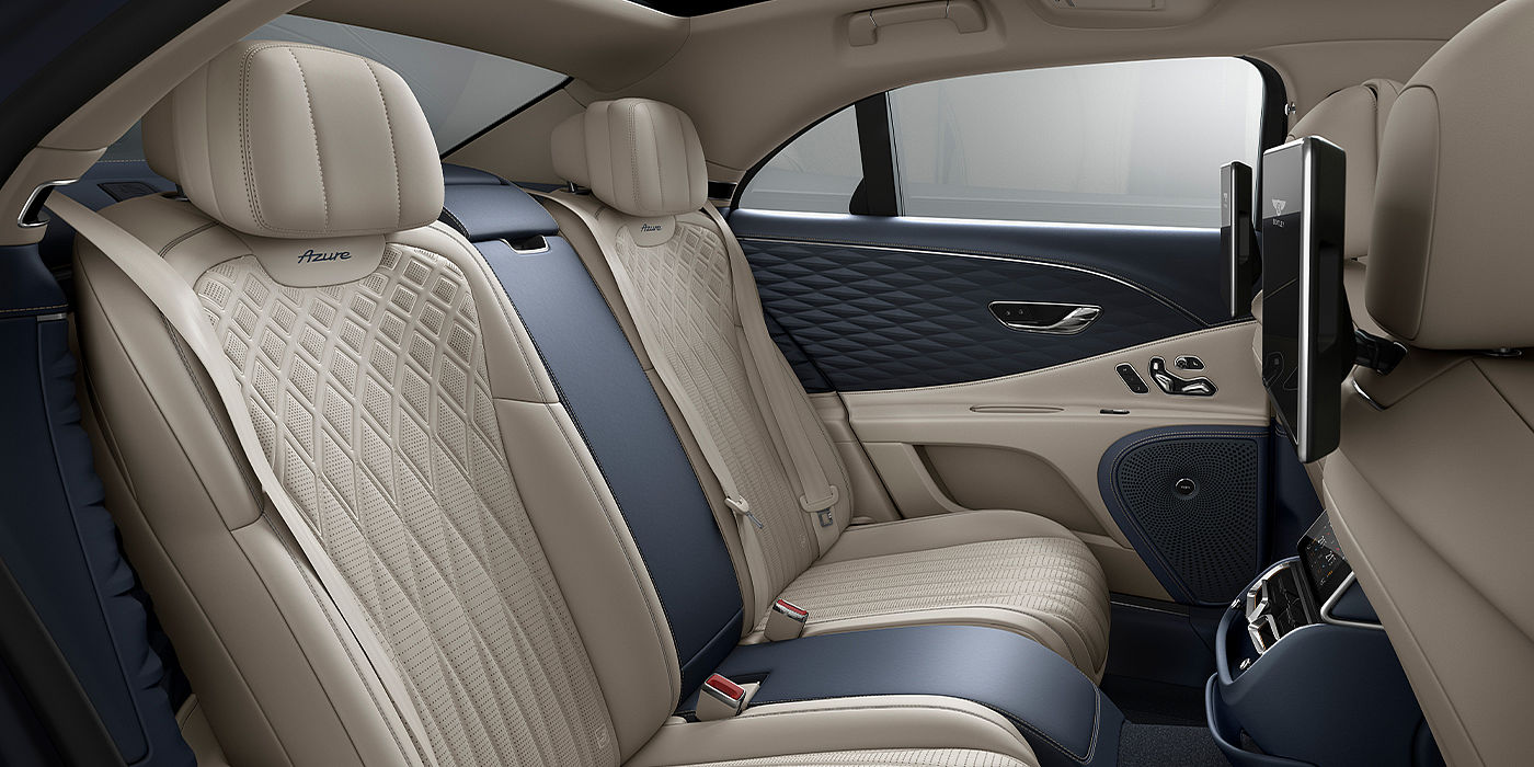 Bach Premium Cars GmbH Bentley Flying Spur Azure sedan rear interior in Imperial Blue and Linen hide