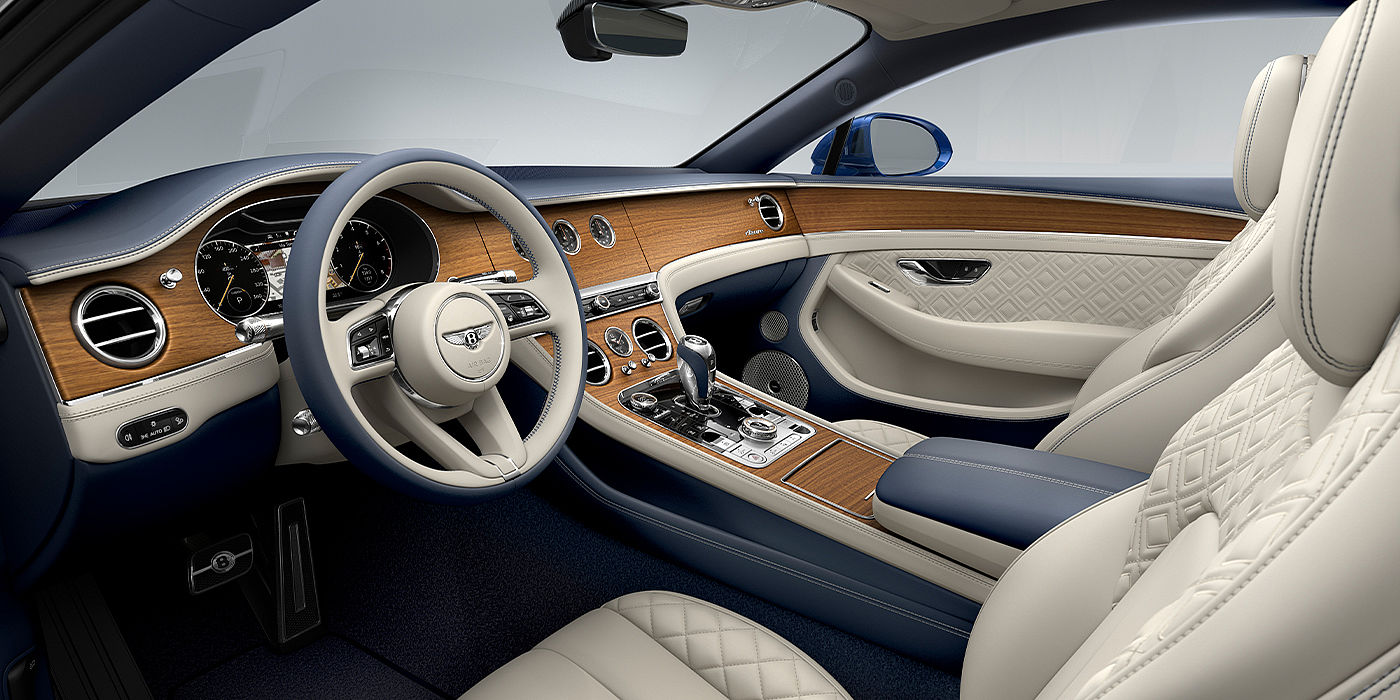 Bach Premium Cars GmbH Bentley Continental GT Azure coupe front interior in Imperial Blue and linen hide