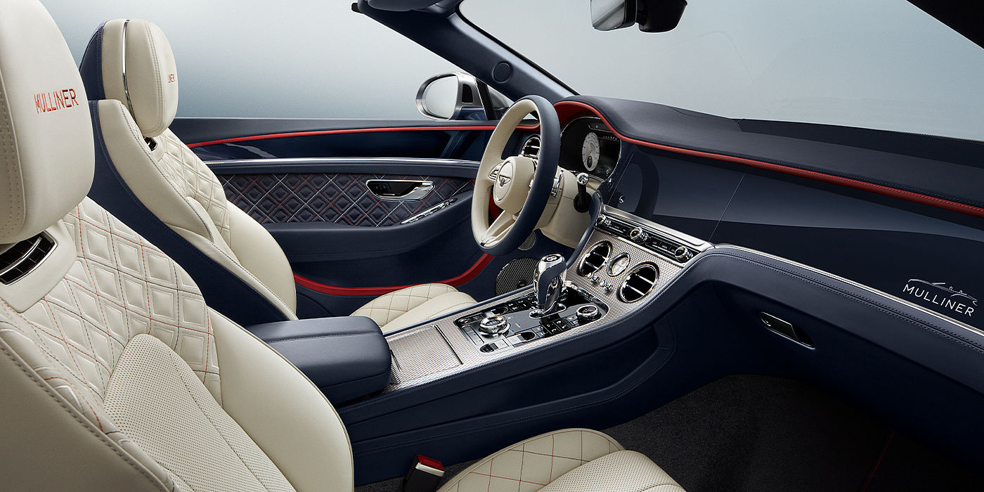 Bach Premium Cars GmbH Bentley Continental GTC Mulliner convertible front interior in Imperial Blue and Linen hide