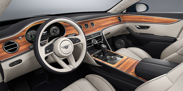 Bach Premium Cars GmbH New Bentley Flying Spur sedan front interior in Linen and Imperial Blue hides with Open PoreKoa veneer