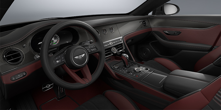 Bach Premium Cars GmbH New Bentley Flying Spur S sedan front interior in Cricket Ball red  and Beluga Black hides with Diamond Brushed Dark Tint Aluminium veneer