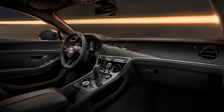 Bach Premium Cars GmbH Bentley Continental GT Black Edition coupe front interior with Beluga black hide and High Gloss Carbon Fibre veneer