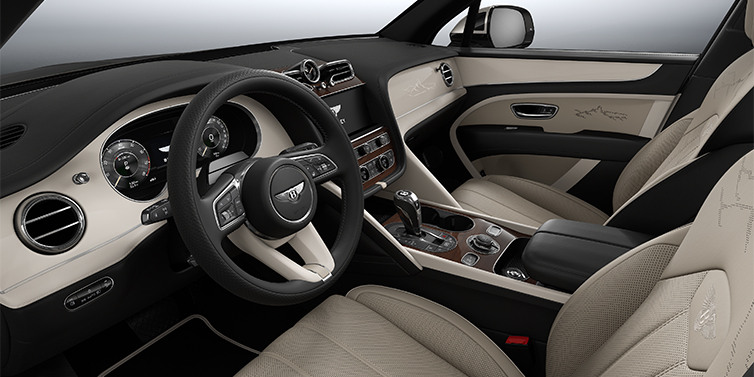 Bach Premium Cars GmbH Bentayga EWB Artenara Edition SUV front interior in Portand and Beluga Black hides with Piano Linen veneer