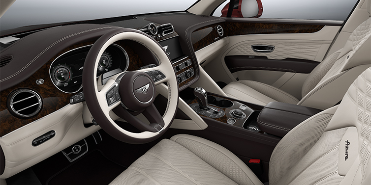 Bach Premium Cars GmbH Bentley Bentayga EWB Azure SUV front interior in Linen and Burnt Oak hides with Dark Stained Burr Walnut veneer