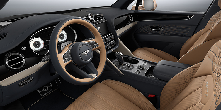 Bach Premium Cars GmbH Bentley Bentayga EWB Mulliner SUV front interior in Camel and Brunel hides with Grand Black veneer and Aluminium console