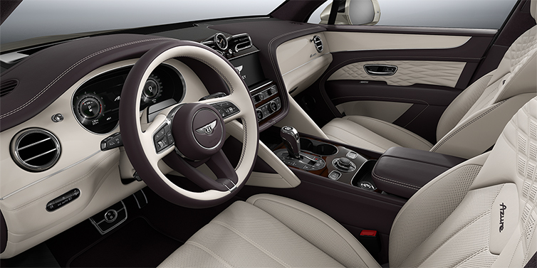 Bach Premium Cars GmbH Bentley Bentayga Azure SUV front interior in Linen and Damson hides with Piano Linen veneer
