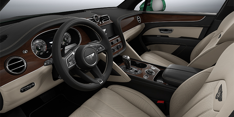 Bach Premium Cars GmbH Bentley Bentayga SUV front interior in Portland and Beluga black hides with Crown Cut Walnut veneer