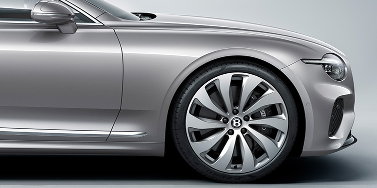 Bach Premium Cars GmbH New Bentley Continental GT coupe side view featuring bonnet in Silverlake paint and 22 inch ten spoke silver painted and bright machined wheel