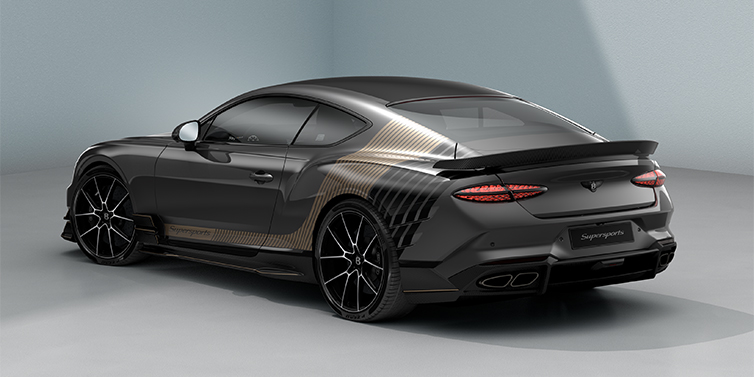 Bach Premium Cars GmbH Bentley Supersports rear three quarter in "Nightfall Design theme with Anthracite paint and Beluga black and Camel brown paint stripes across the rear haunch.
