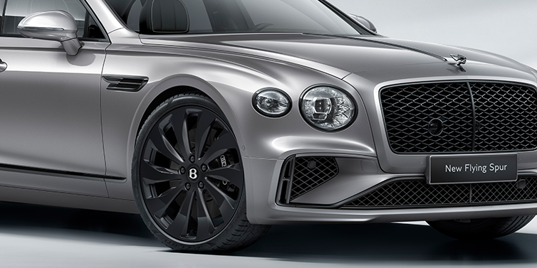 Bach Premium Cars GmbH New Bentley Flying Spur sedan front bonnet in Silverlake paint with Black Specification with black ten spoke wheel, black matrix grille and black exterior details