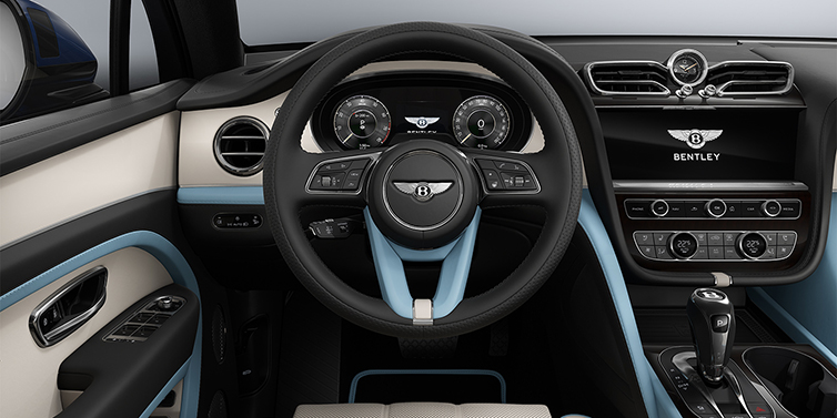 Bach Premium Cars GmbH Bentley Bentayga Artenara Edition SUV steering wheel view in Linen and Beluga Black hides with Light Blue accents and Piano Linen veneer
